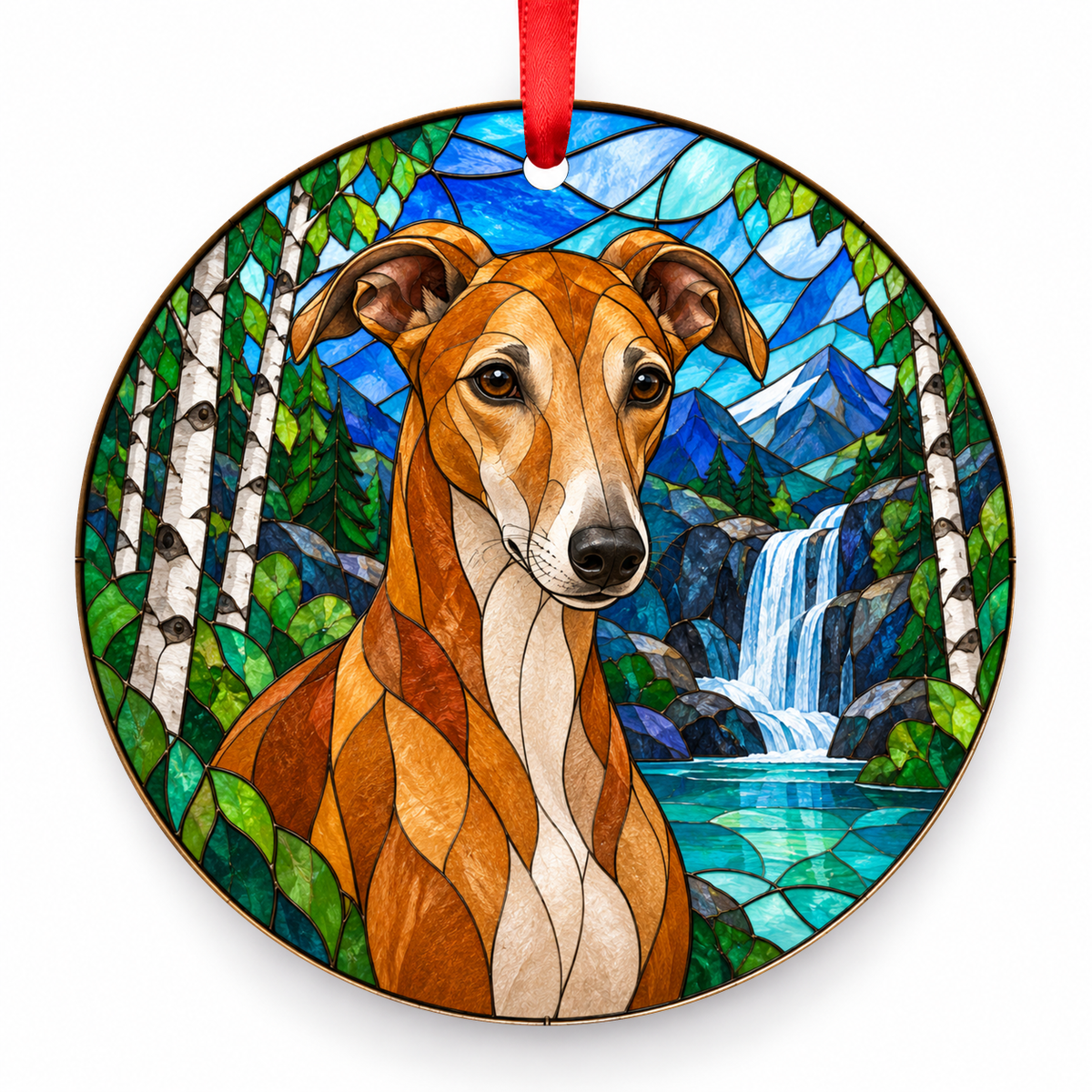Red Whippet stained glass style porcelain Christmas ornament with red ribbon