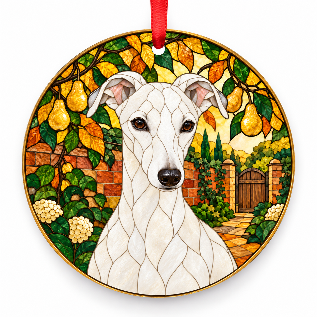 White Whippet stained glass style porcelain Christmas ornament with red ribbon