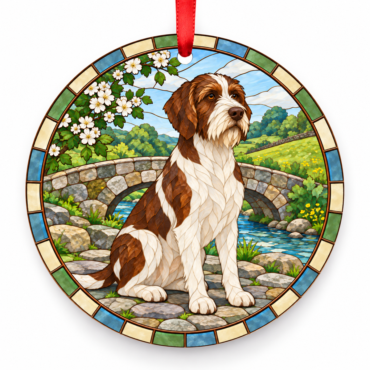 Brown and White Wirehaired Pointing Griffon stained glass style porcelain Christmas ornament with red ribbon