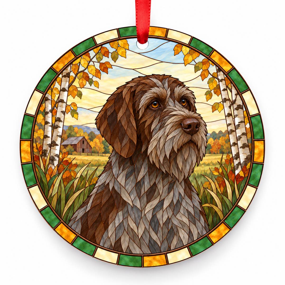 Steel Gray and Brown Wirehaired Pointing Griffon stained glass style porcelain Christmas ornament with red ribbon