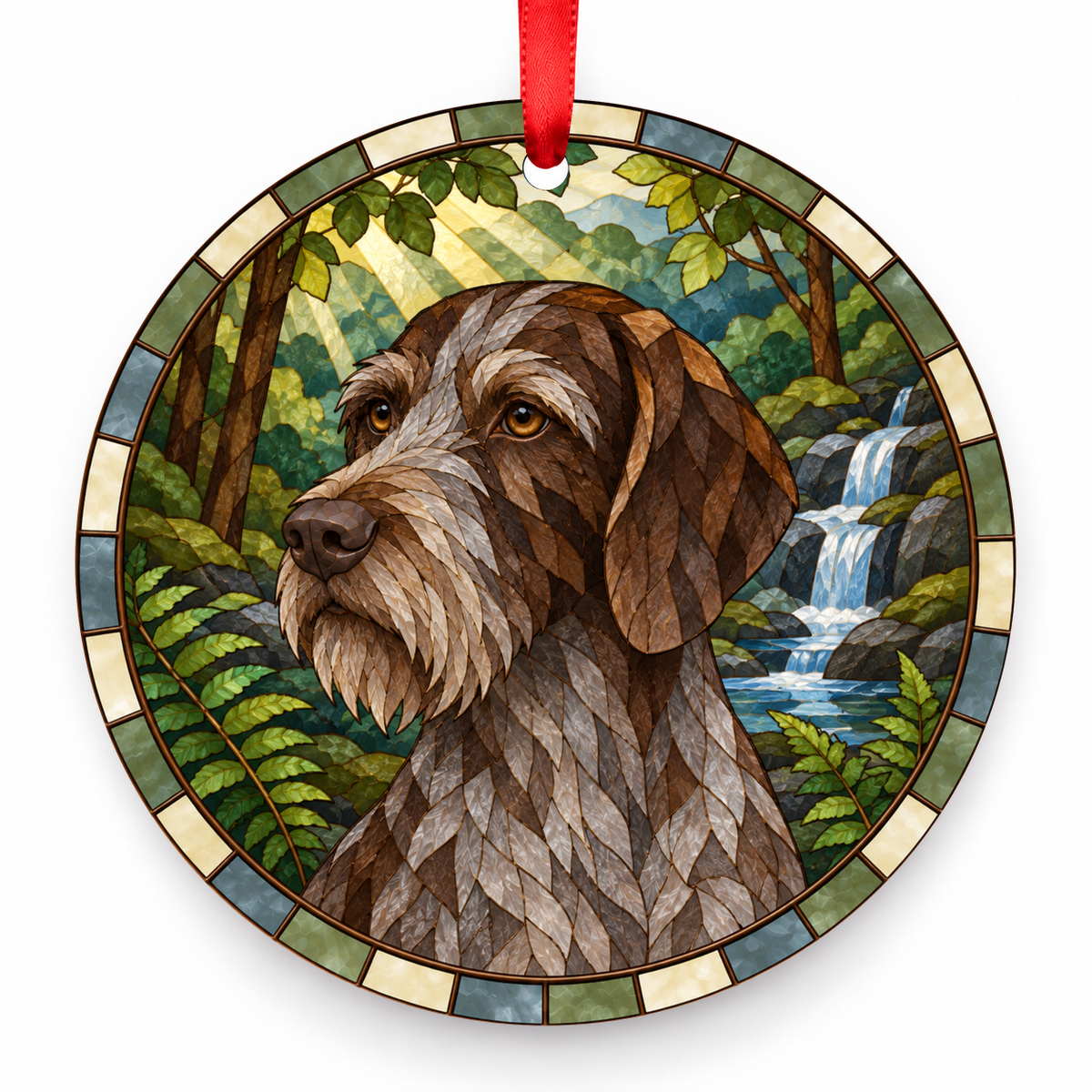 Brown Gray Roan Wirehaired Slovakian Pointer stained glass style porcelain Christmas ornament with red ribbon