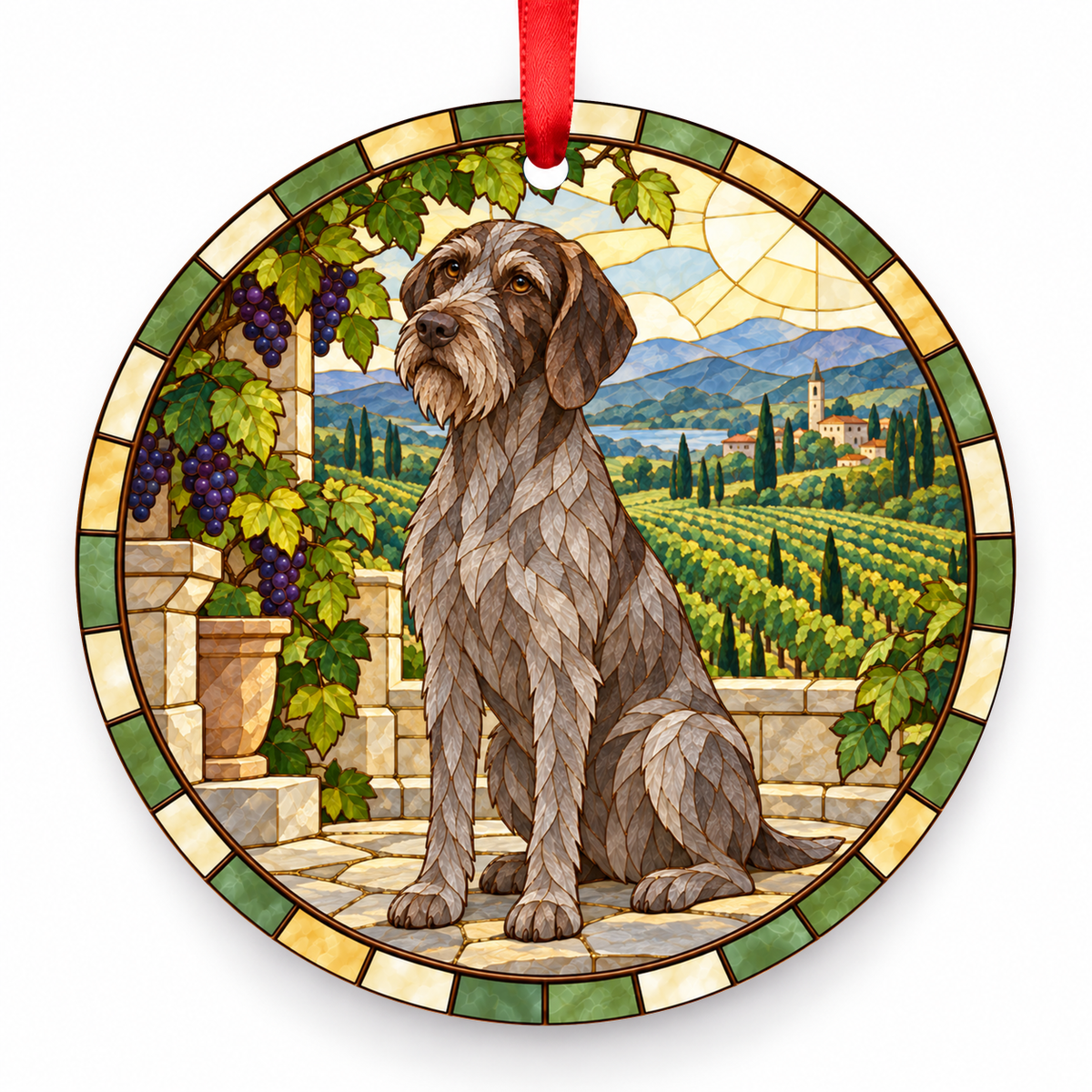Silver Gray Wirehaired Slovakian Pointer stained glass style porcelain Christmas ornament with red ribbon