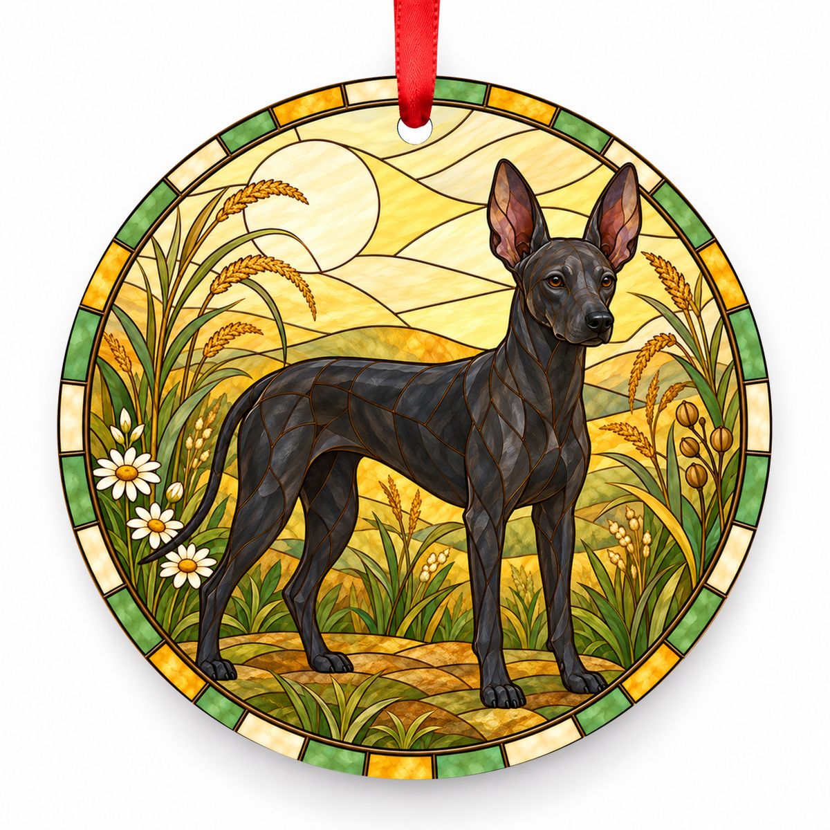 Black Xoloitzcuintli stained glass style porcelain Christmas ornament with red ribbon