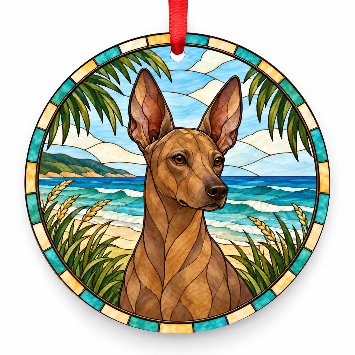 Bronze Xoloitzcuintli stained glass style porcelain Christmas ornament with red ribbon