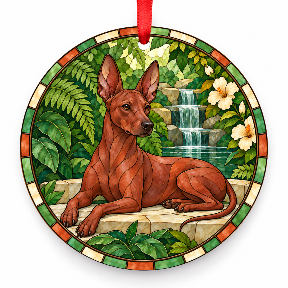 Red Xoloitzcuintli stained glass style porcelain Christmas ornament with red ribbon