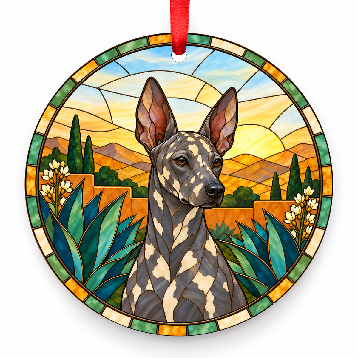 Spotted Xoloitzcuintli stained glass style porcelain Christmas ornament with red ribbon