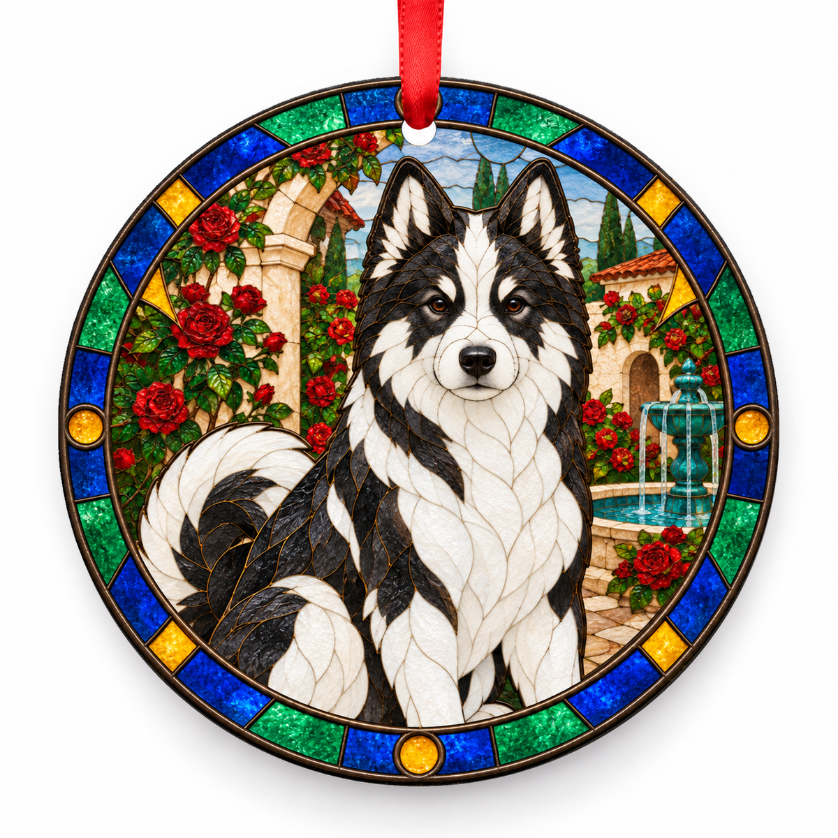 Black and White Yakutian Laika stained glass style porcelain Christmas ornament with red ribbon