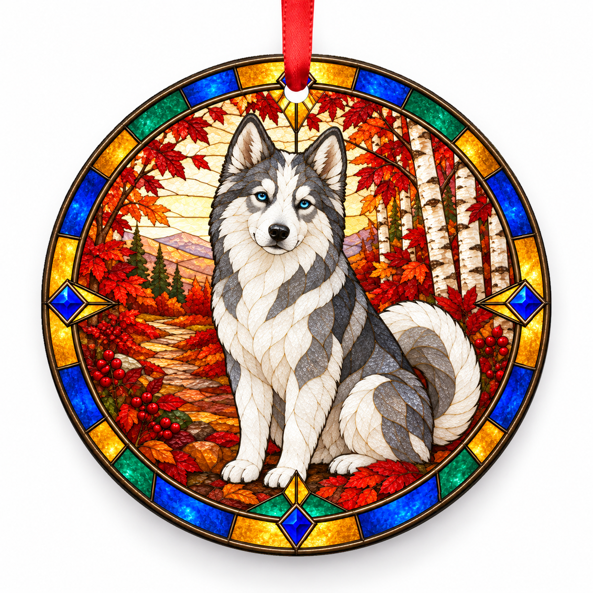 Gray and White Yakutian Laika stained glass style porcelain Christmas ornament with red ribbon
