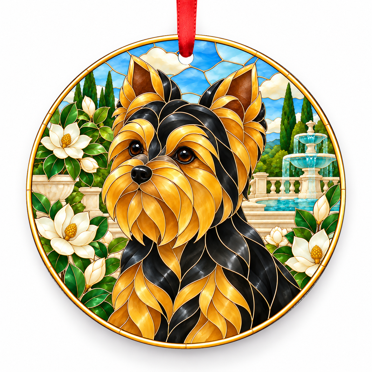 Black and Gold Yorkshire Terrier stained glass style porcelain Christmas ornament with red ribbon