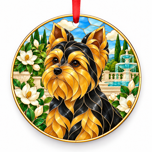 Black and Gold Yorkshire Terrier stained glass style porcelain Christmas ornament with red ribbon