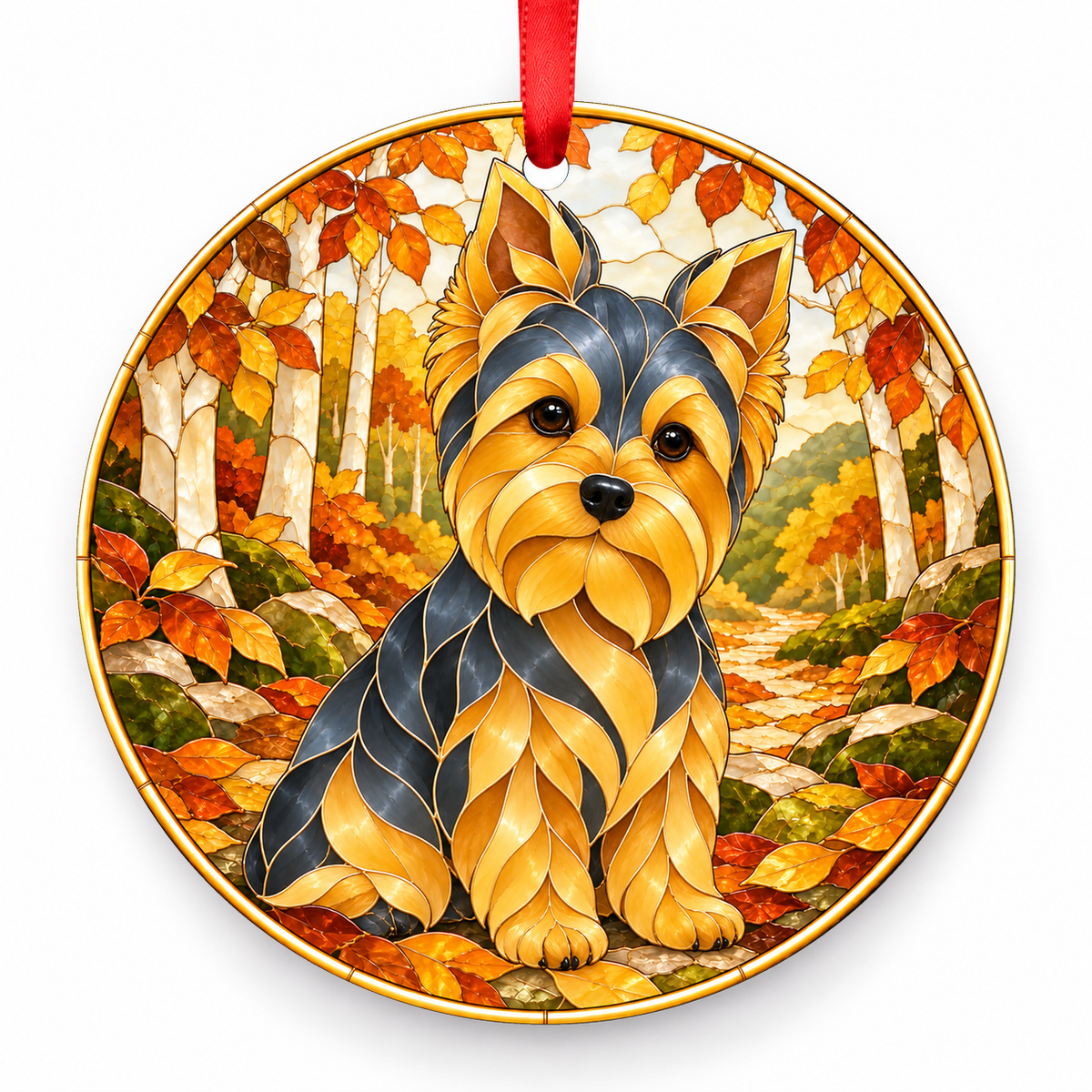 Blue and Gold Yorkshire Terrier stained glass style porcelain Christmas ornament with red ribbon