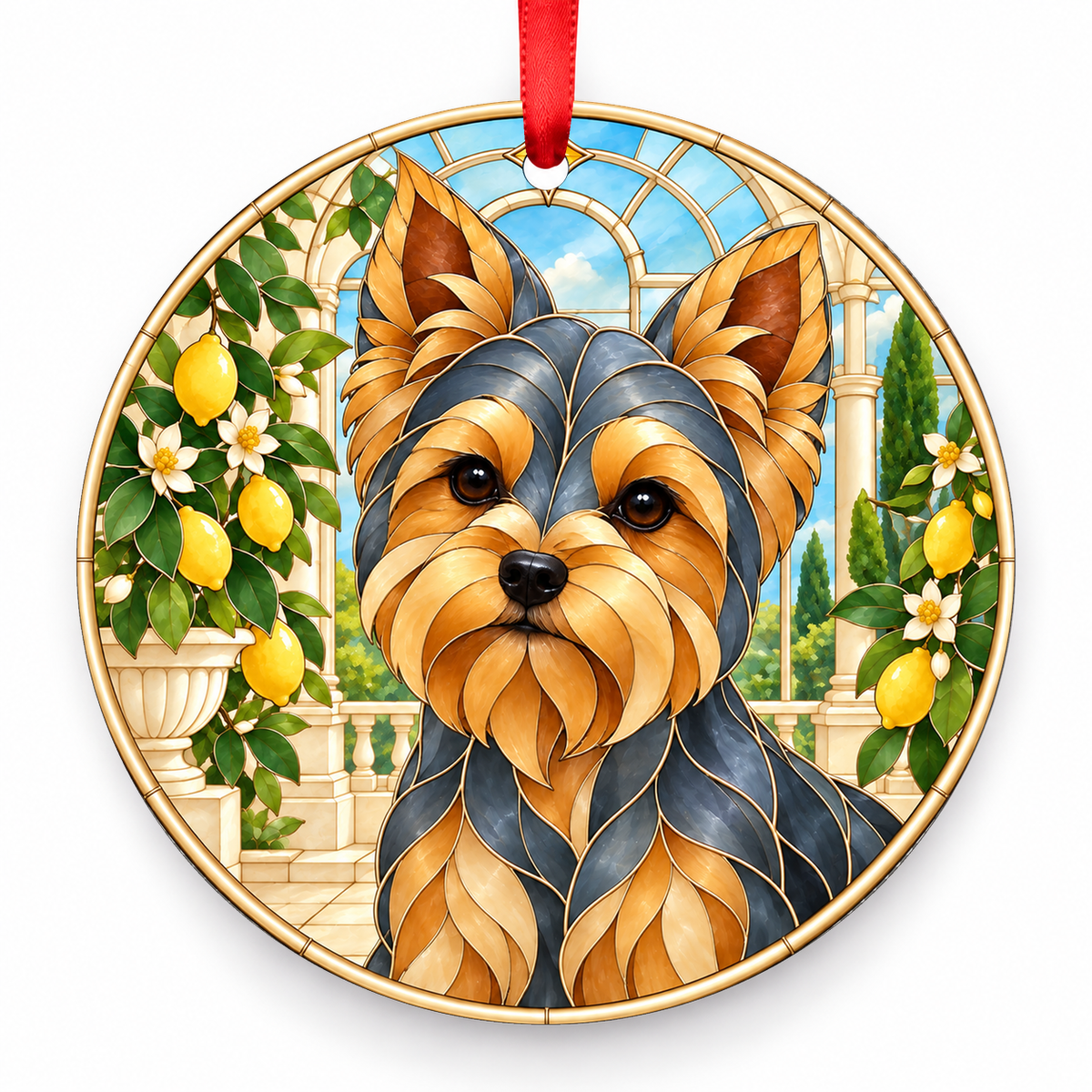 Blue and Tan Yorkshire Terrier stained glass style porcelain Christmas ornament with red ribbon