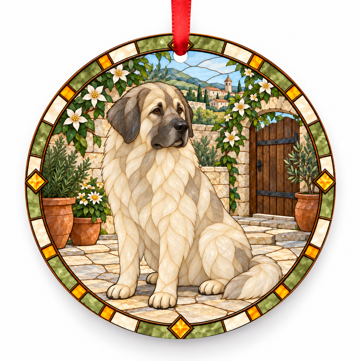 Cream Yugoslavian Shepherd Dog Sharplanina stained glass style porcelain Christmas ornament with red ribbon