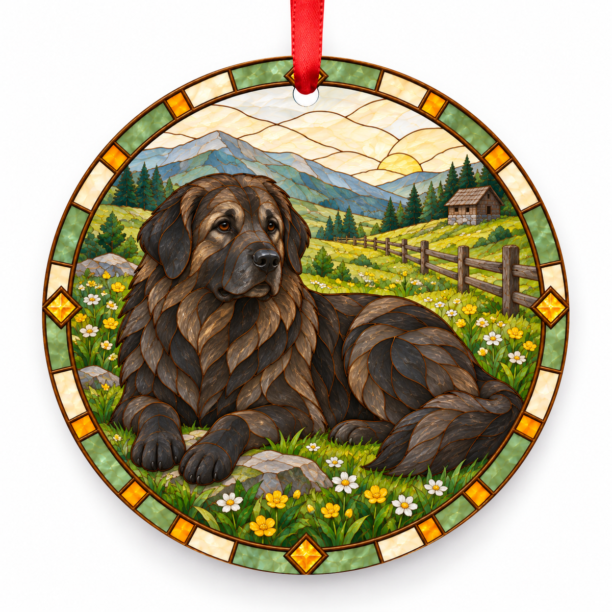 Dark Yugoslavian Shepherd Dog Sharplanina stained glass style porcelain Christmas ornament with red ribbon