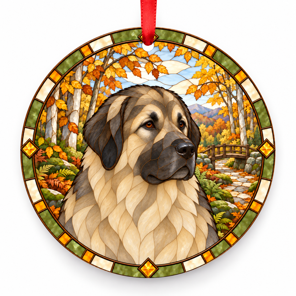 Fawn Yugoslavian Shepherd Dog Sharplanina stained glass style porcelain Christmas ornament with red ribbon