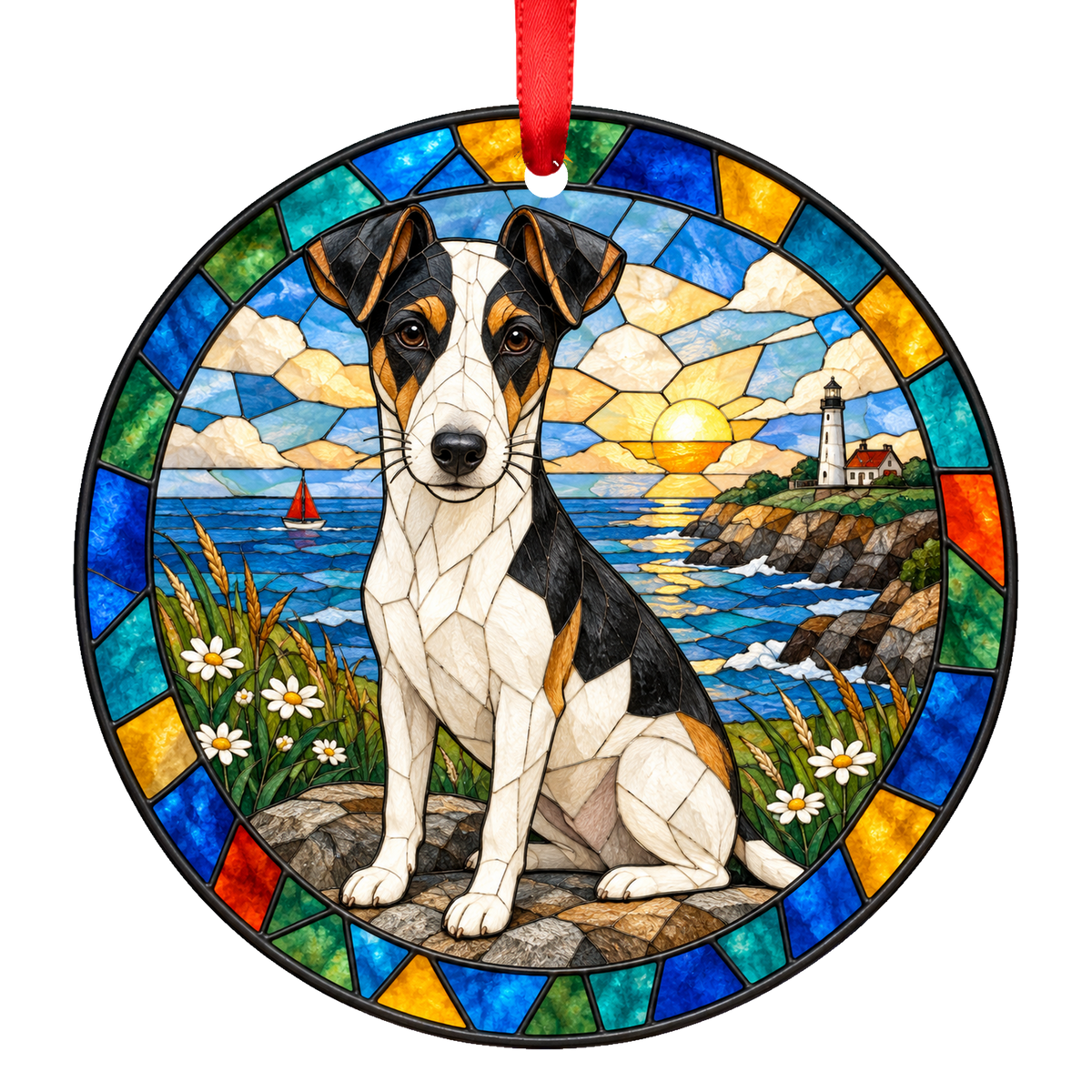 Smooth Fox Terrier Tricolor porcelain Christmas ornament with red ribbon — ORN-11511