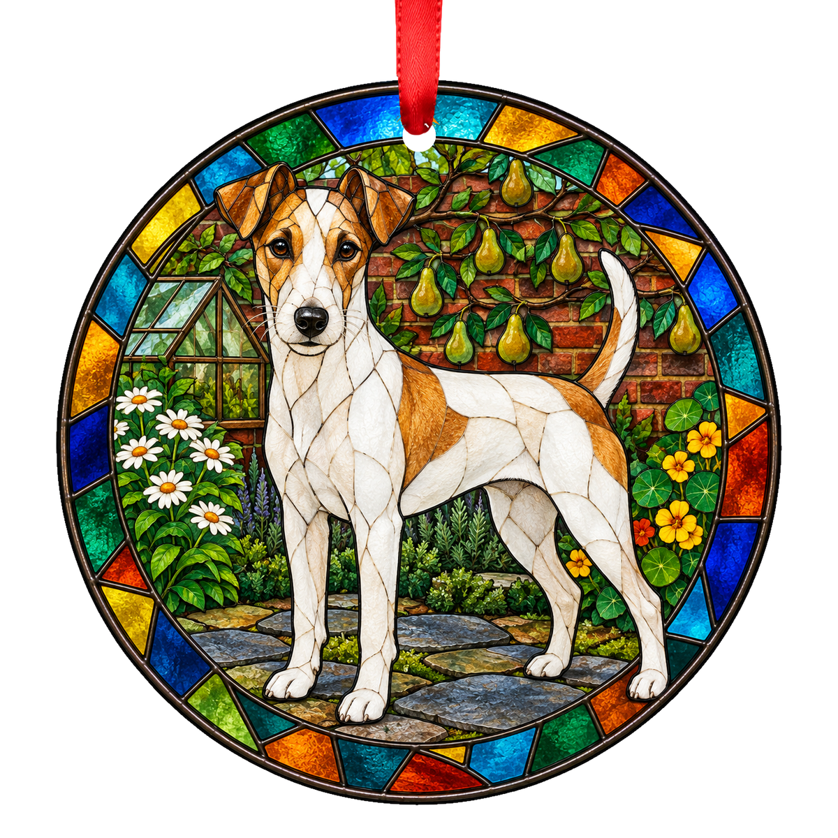 Smooth Fox Terrier White and Tan porcelain Christmas ornament with red ribbon — ORN-11513