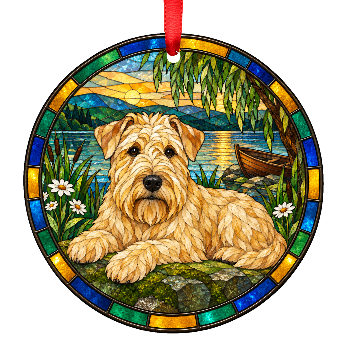 Soft Coated Wheaten Terrier Golden stained glass style Christmas ornament
