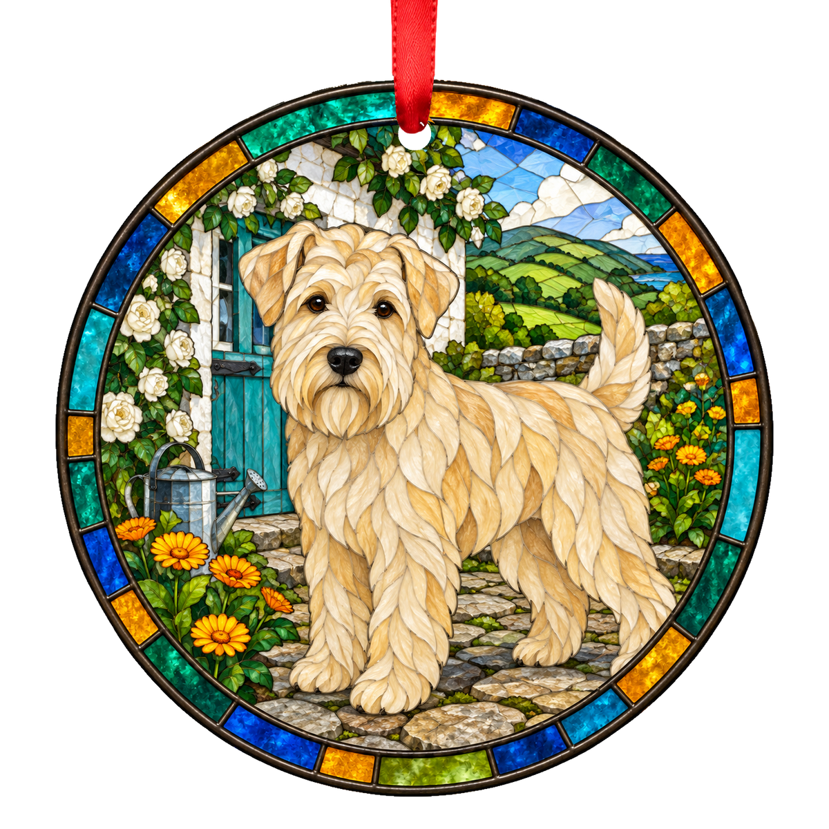 Soft Coated Wheaten Terrier Pale stained glass style Christmas ornament