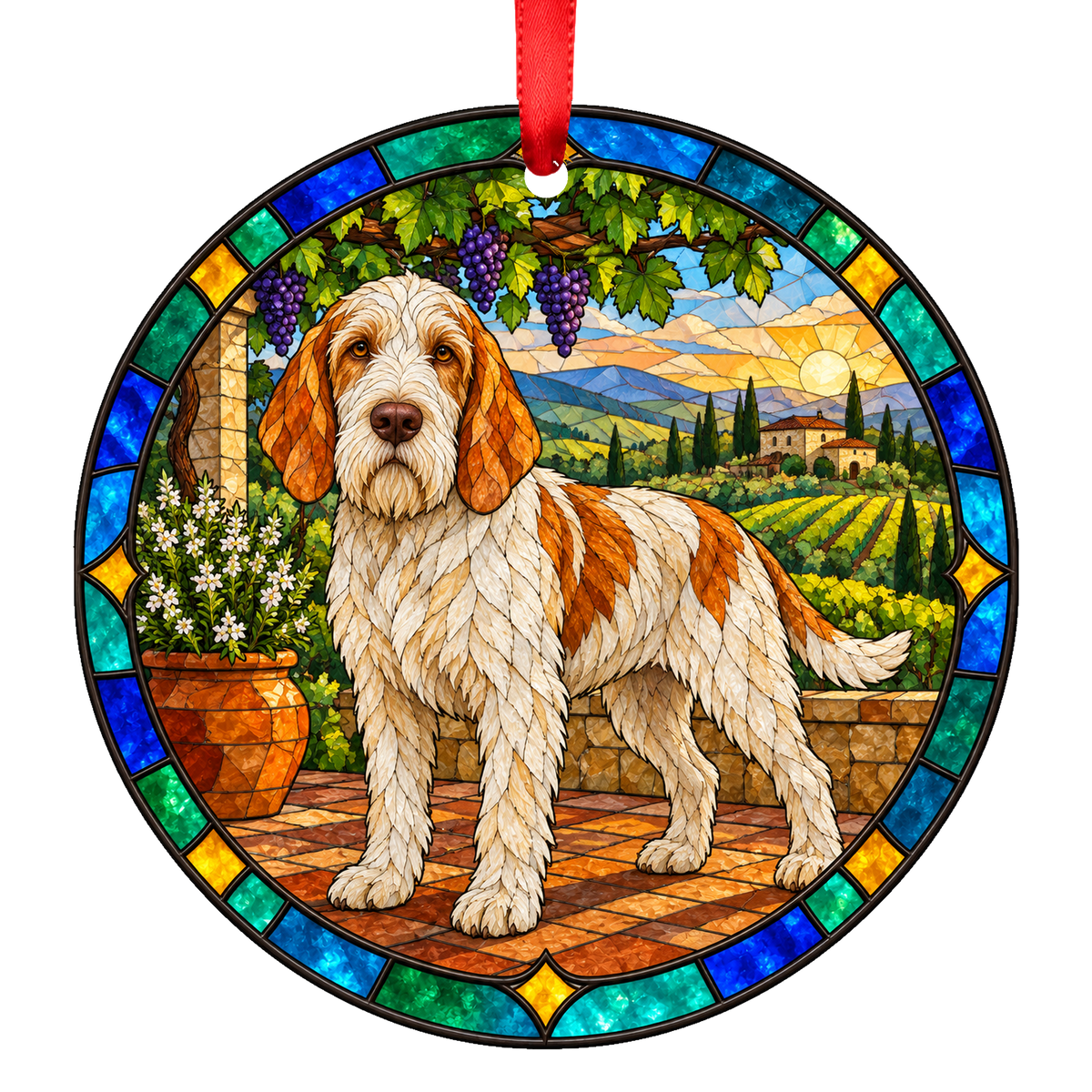 Spinone Italiano White and Orange stained glass style Christmas ornament