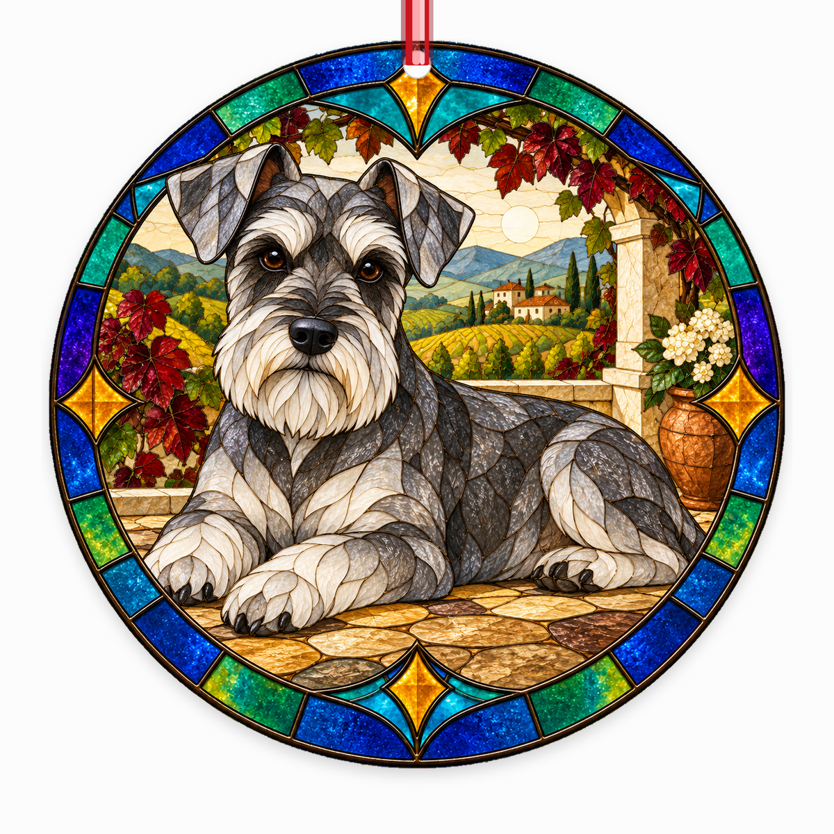 Standard Schnauzer Salt and Pepper stained glass style Christmas ornament
