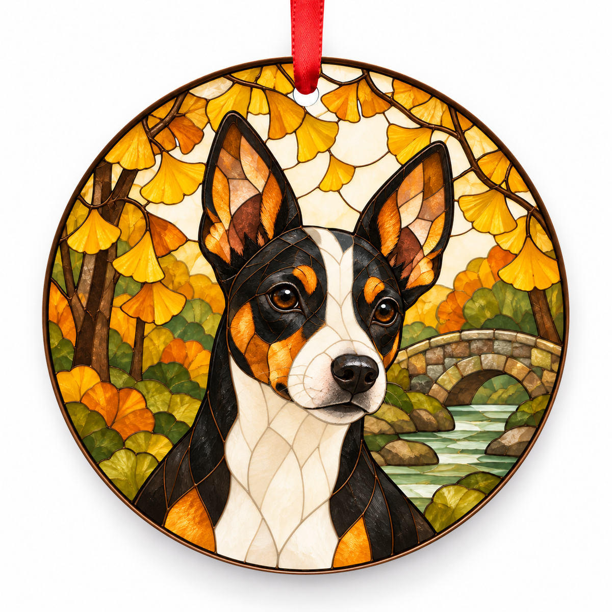 Tricolor Valencian Terrier stained glass style porcelain Christmas ornament with red ribbon