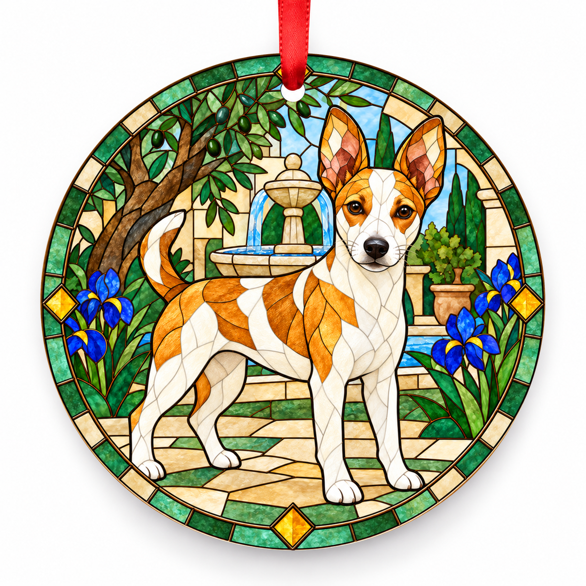 White and Tan Valencian Terrier stained glass style porcelain Christmas ornament with red ribbon