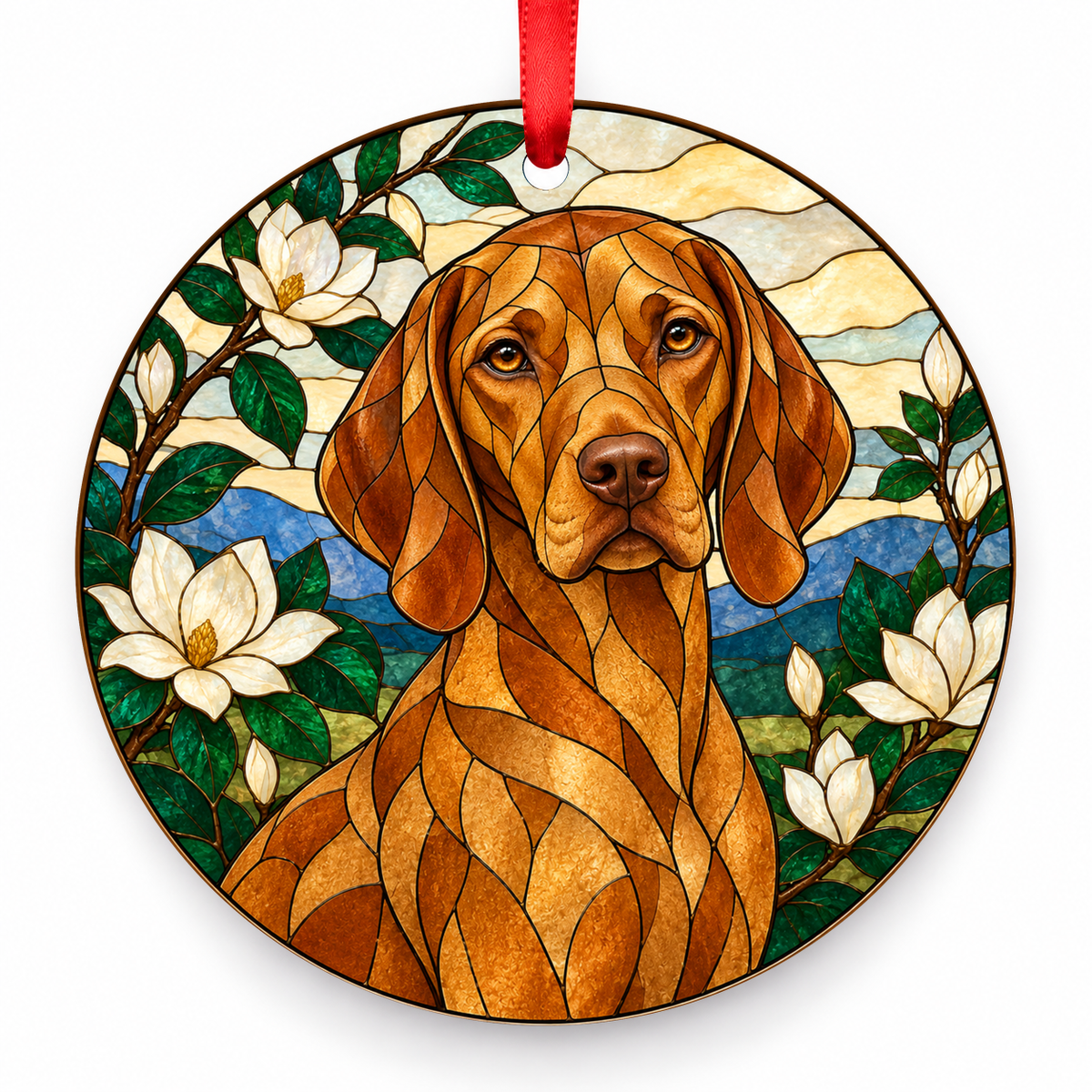 Dark Sandy Gold Vizsla stained glass style porcelain Christmas ornament with red ribbon