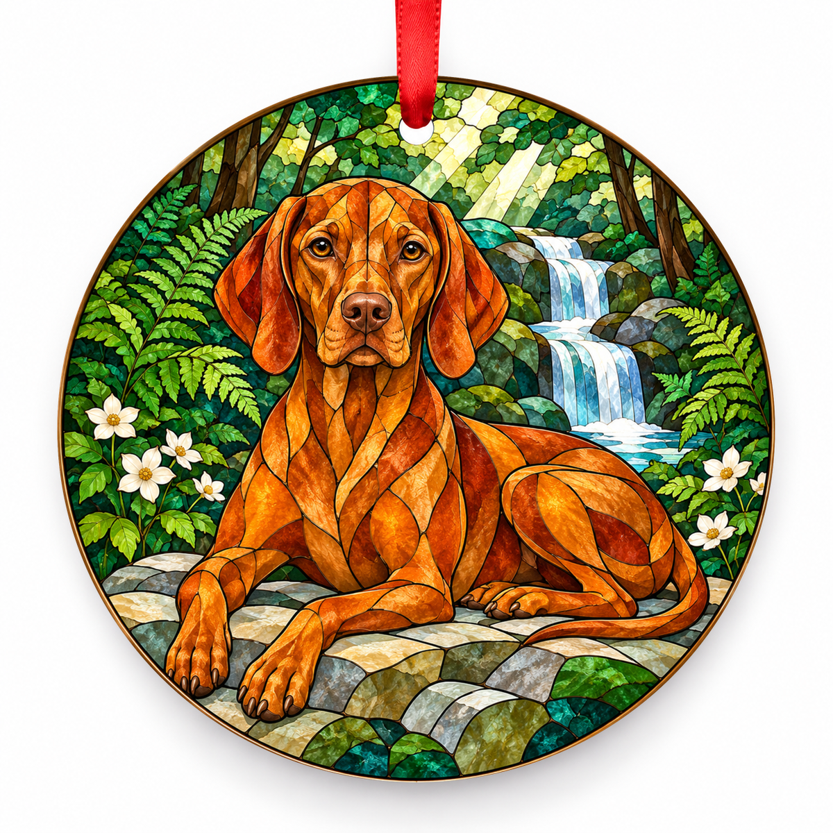 Red and Gold Vizsla stained glass style porcelain Christmas ornament with red ribbon
