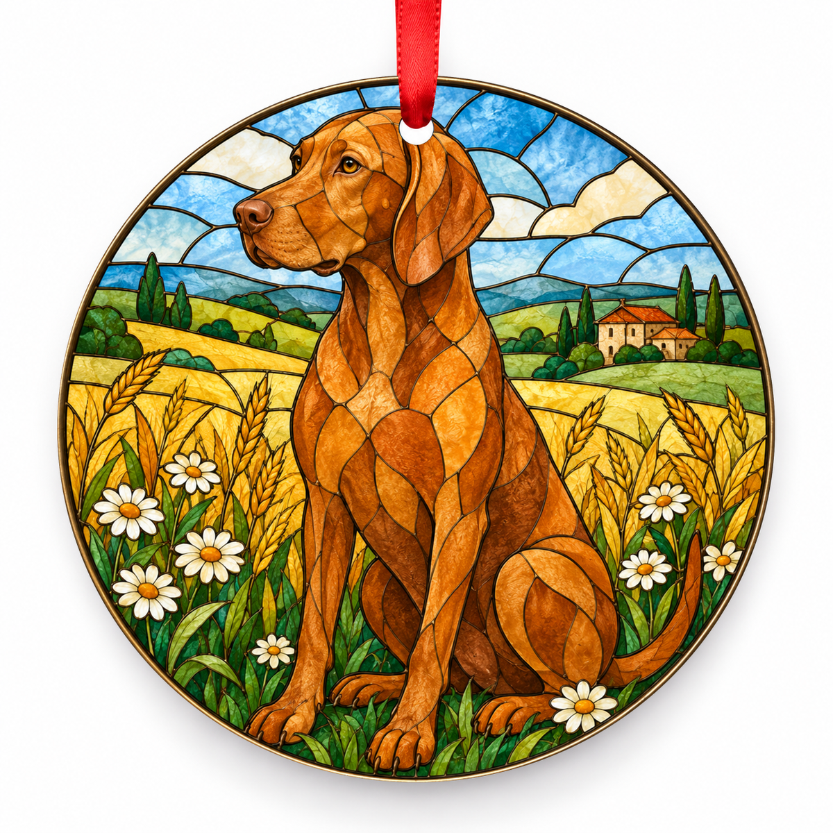 Russet Gold Vizsla stained glass style porcelain Christmas ornament with red ribbon