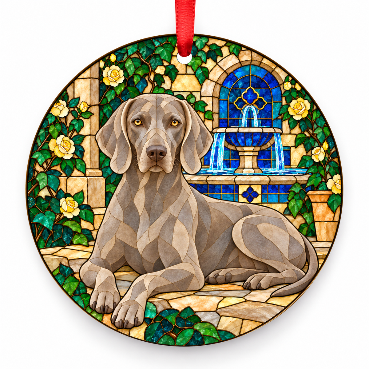 Mouse Gray Weimaraner stained glass style porcelain Christmas ornament with red ribbon