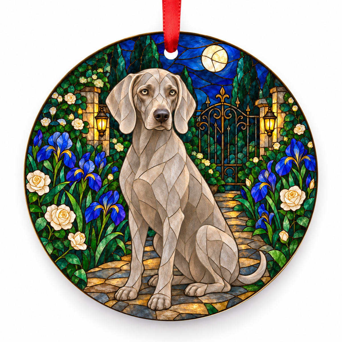 Silver Gray Weimaraner stained glass style porcelain Christmas ornament with red ribbon