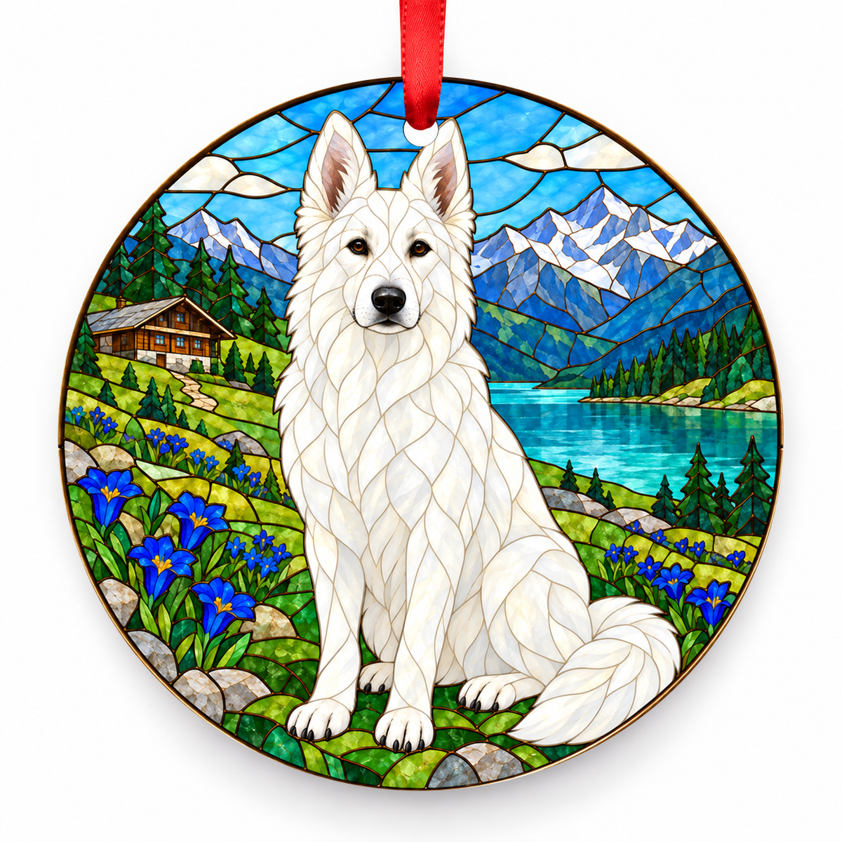 White White Swiss Shepherd Dog stained glass style porcelain Christmas ornament with red ribbon