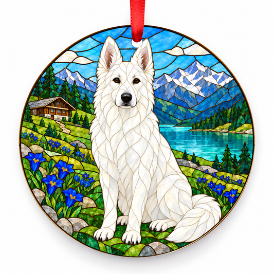 White White Swiss Shepherd Dog stained glass style porcelain Christmas ornament with red ribbon