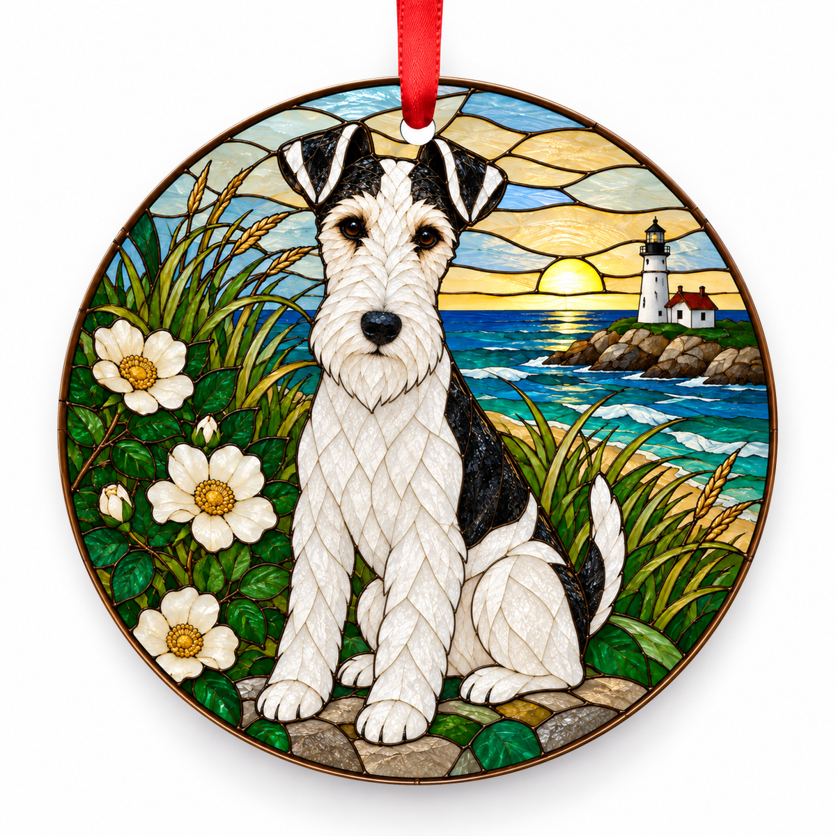 White and Black Wire Fox Terrier stained glass style porcelain Christmas ornament with red ribbon