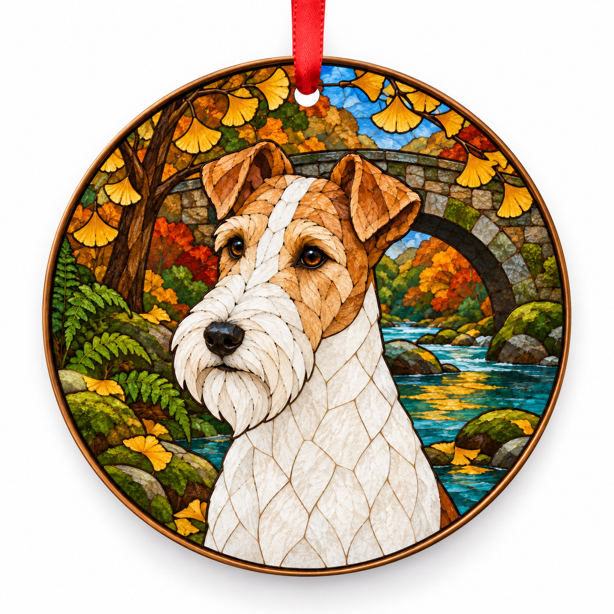White and Tan Wire Fox Terrier stained glass style porcelain Christmas ornament with red ribbon