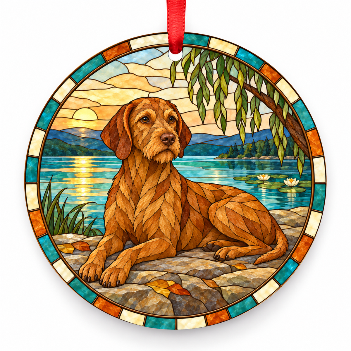 Golden Rust Wirehaired Vizsla stained glass style porcelain Christmas ornament with red ribbon