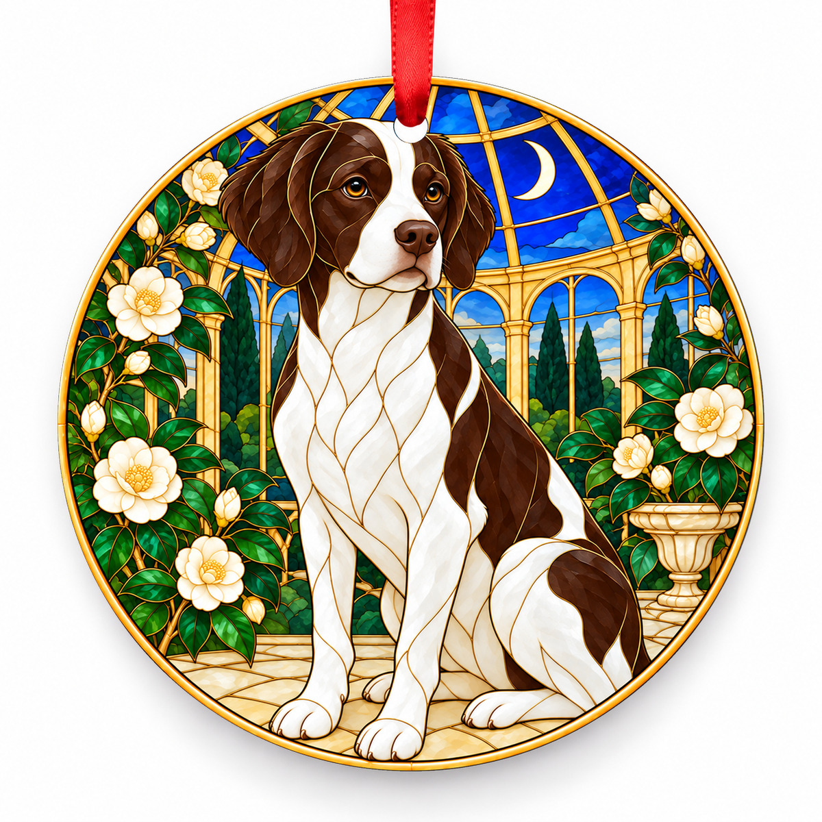 Brittany Liver and White porcelain Christmas ornament with red ribbon — ORN-11547
