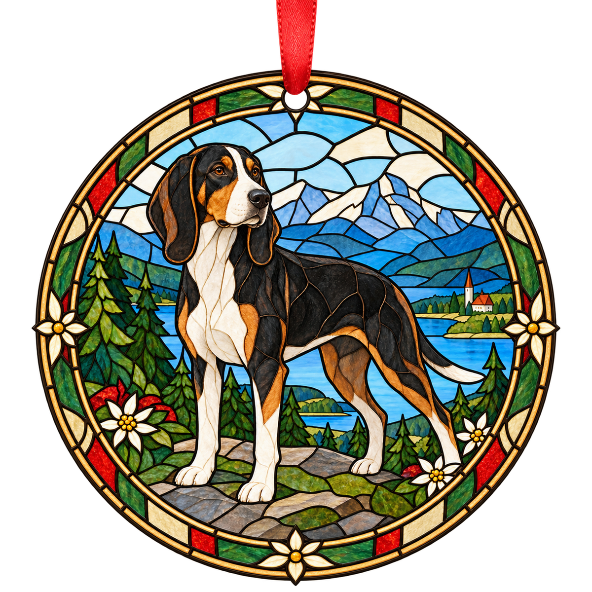 Hygen Hound Tricolor porcelain Christmas ornament with red ribbon — ORN-11555