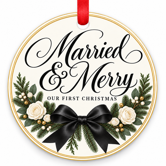 Black Bow Married & Merry Wedding Christmas Ornament with red hanging ribbon