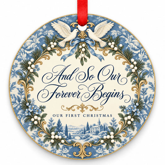 Vintage Blue Forever Begins Wedding Christmas Ornament with red hanging ribbon