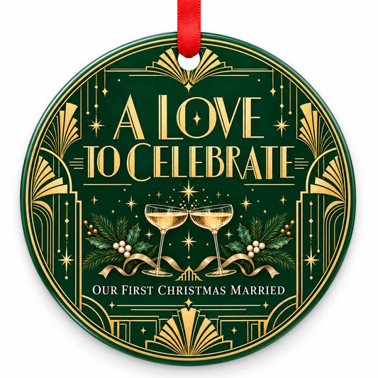 Art Deco A Love to Celebrate Wedding Christmas Ornament with red hanging ribbon