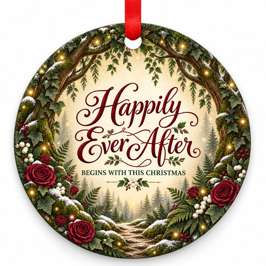 Woodland Happily Ever After Wedding Christmas Ornament with red hanging ribbon