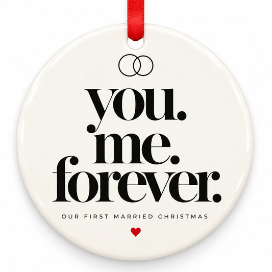 You Me Forever Wedding Christmas Ornament with red hanging ribbon