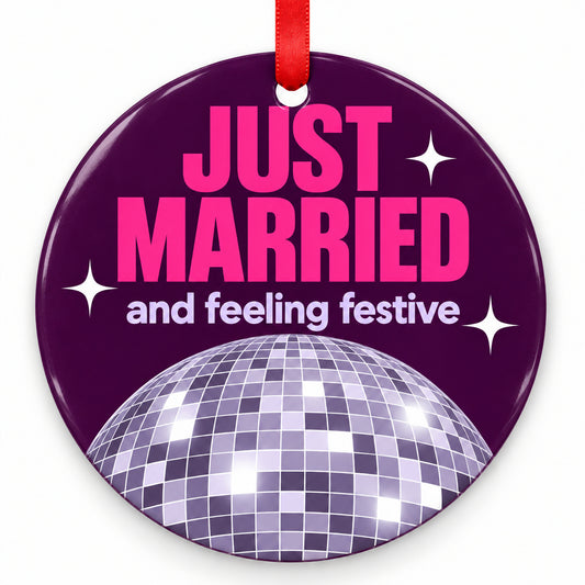 Disco Just Married Wedding Christmas Ornament with red hanging ribbon