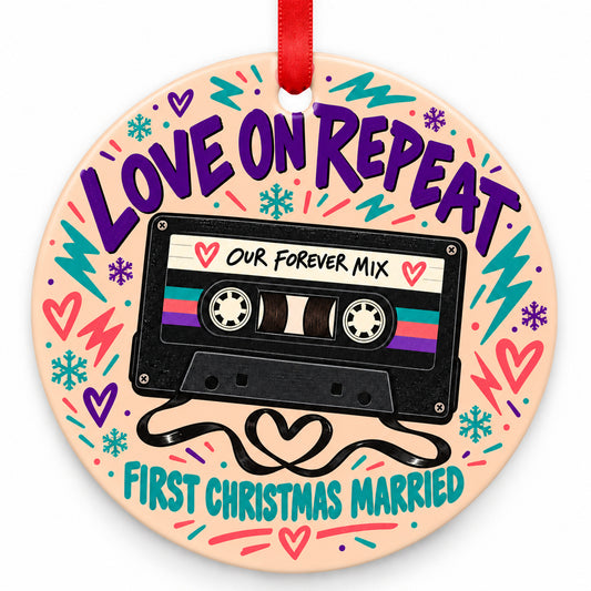 Mixtape Love on Repeat Wedding Christmas Ornament with red hanging ribbon