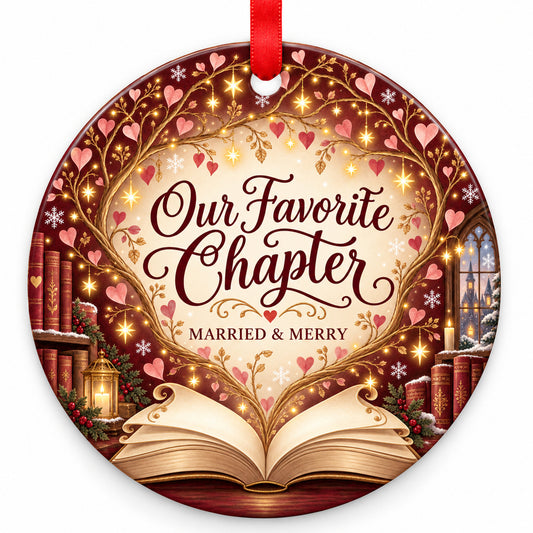 Storybook Our Favorite Chapter Wedding Christmas Ornament with red hanging ribbon