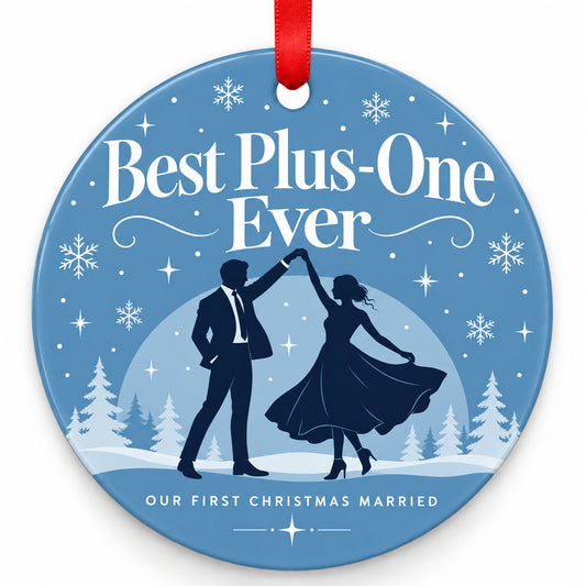 Dusty Blue Best Plus-One Ever Wedding Christmas Ornament with red hanging ribbon