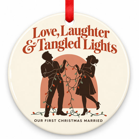 Love Laughter & Tangled Lights Wedding Christmas Ornament with red hanging ribbon