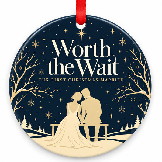 Navy Worth the Wait Wedding Christmas Ornament with red hanging ribbon